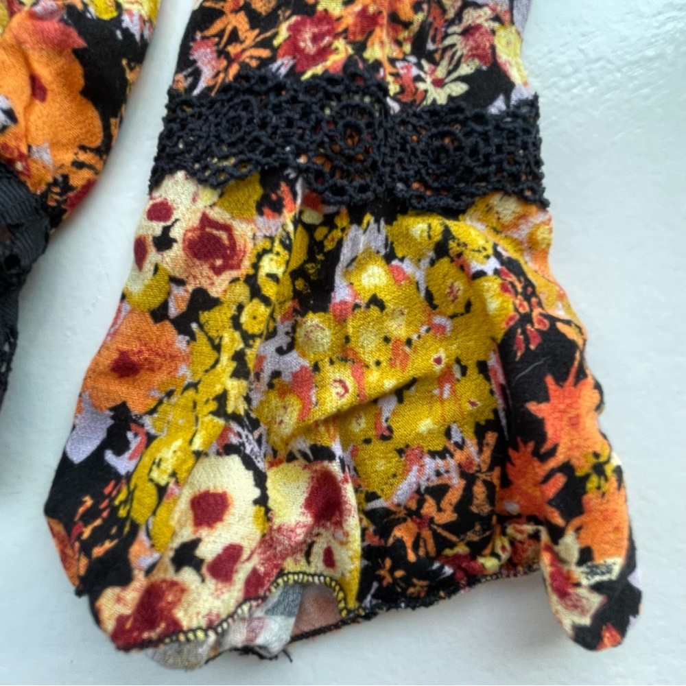 Intimately Free People orange & black long sleeve floral bodysuit w/ black lace - Picture 5 of 11